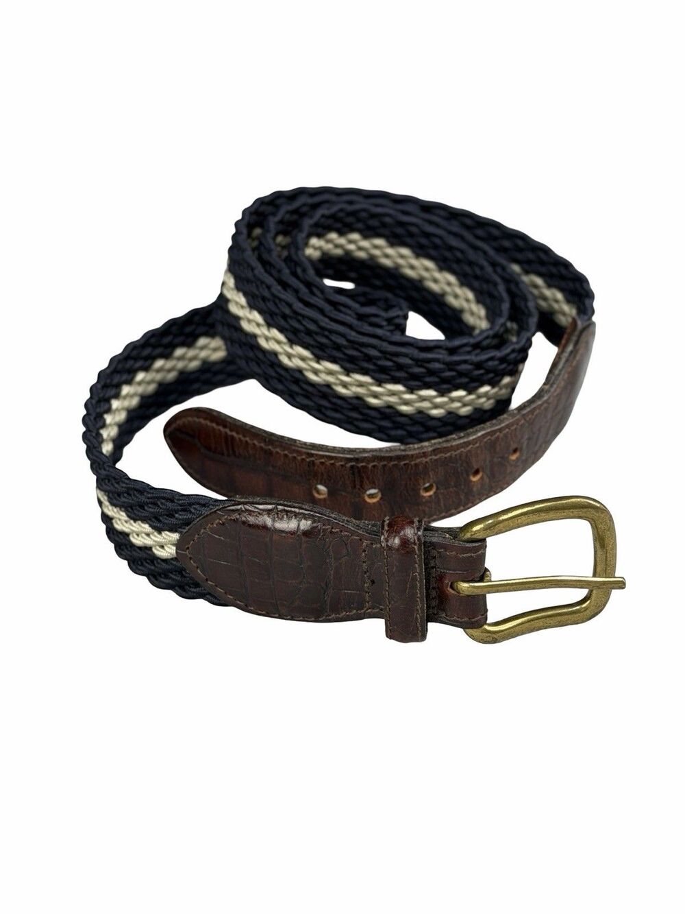VTG Brighton Braided Elastic Cord Fabric Belt Blue Croco Trim Solid Brass 42